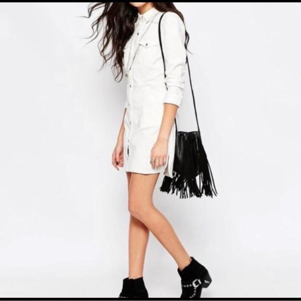 Free People white denim front snap mini dress or long shirt size XS